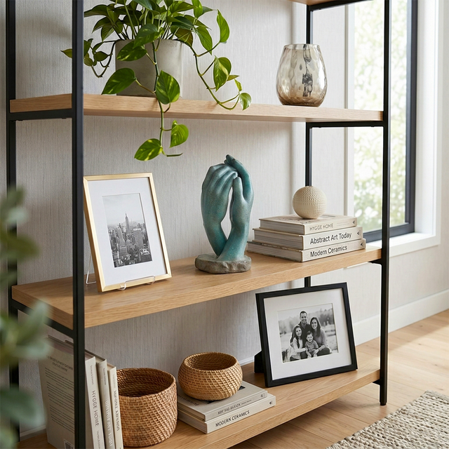Clasped hand sculpture on metal display shelf