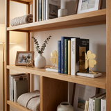 Clover bookends on wood book shelf
