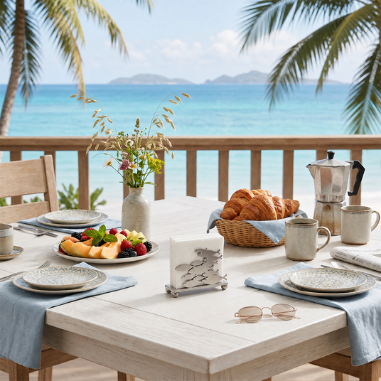 Coastal dining table with decor rack
