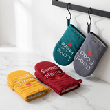 Colorful printed oven mitts display

