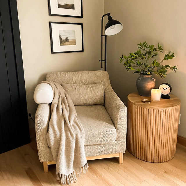 Comfortable Premium Textured Knit Blanket Khaki on the Chair  