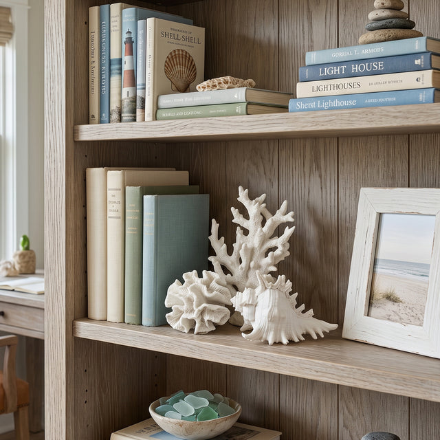 Coral Shell Set On Wooden Bookshelf