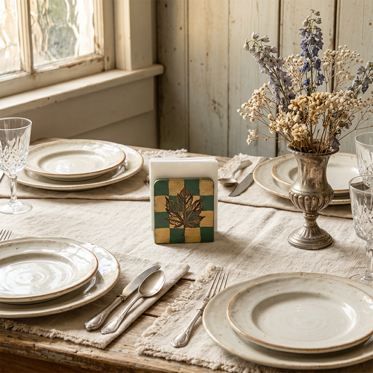 Country table layout wood napkin organizer

