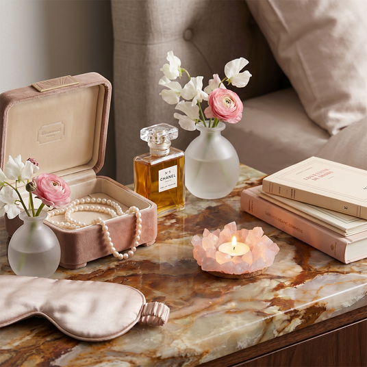 Crystal tray spa table decor scene
