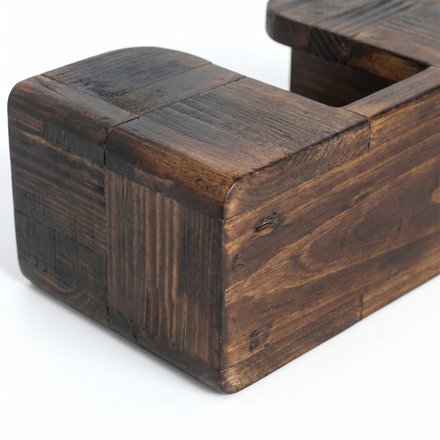 Dark rustic wood storage box side view
