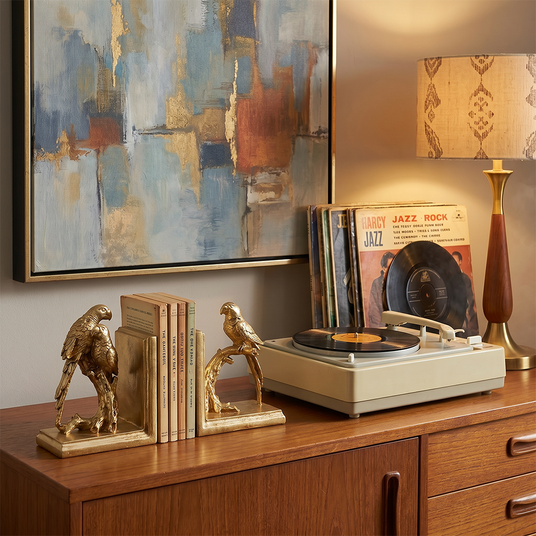 Decorbookends on wood cabinet
