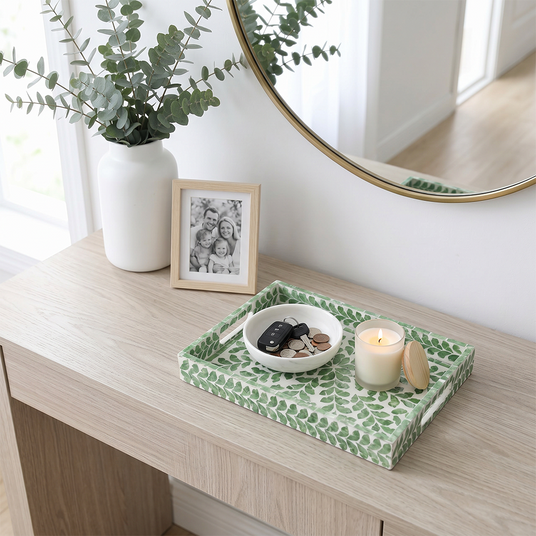 Decorative leaf trayon entry console table