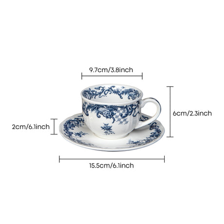 Dimension marked vintage blue flower tea cup set