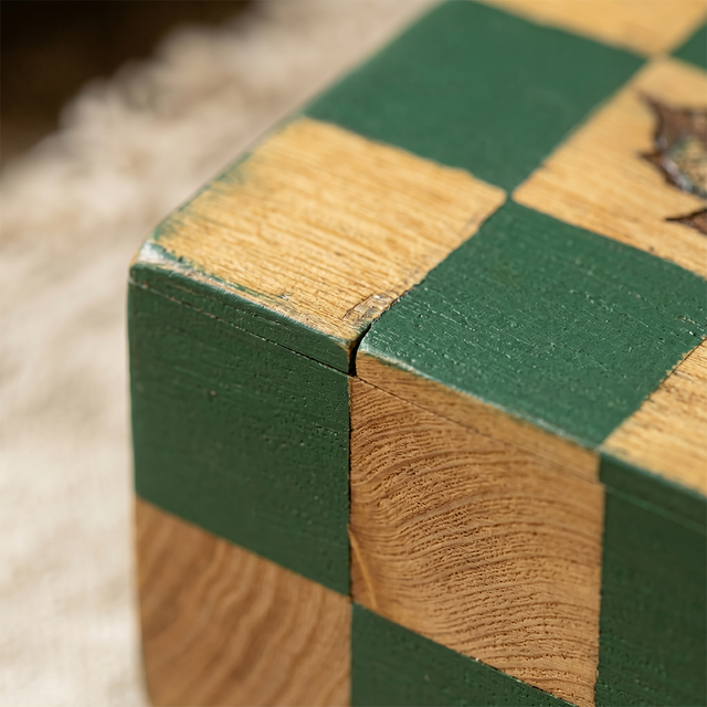 Distressed checkerboard wood corner detail
