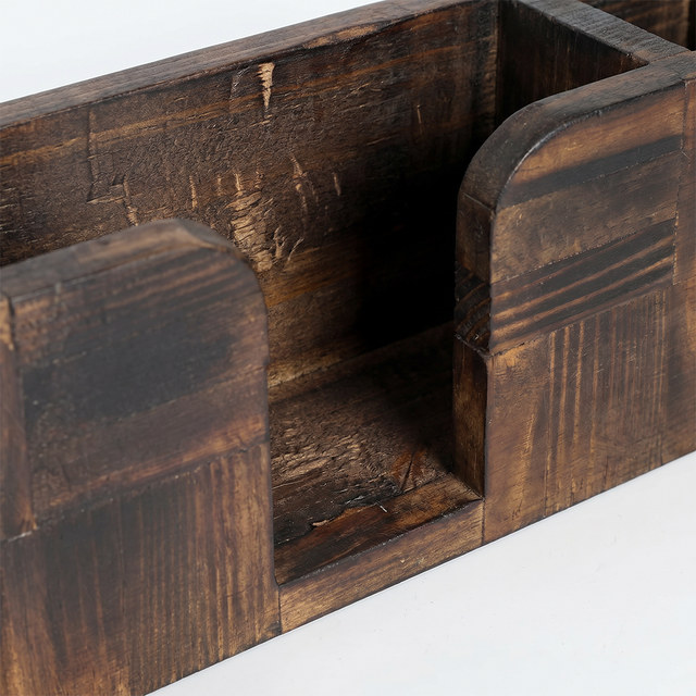 Distressed wood napkin rack closeup
