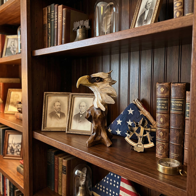 Eagle sculpture displayed on rustic dark wood bookshelf