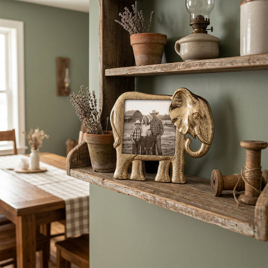 Elephant frame on green wall shelf