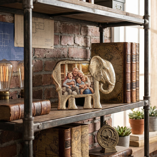 Elephant frame on metal bookshelf