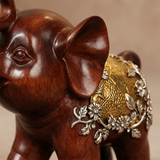 Set of 3 Resin Elephant Figurines – Rosewood Finish, Gold & Silver Embossed Floral Saddles, Lucky Elephant Statues for Mantel Shelf Home Decor