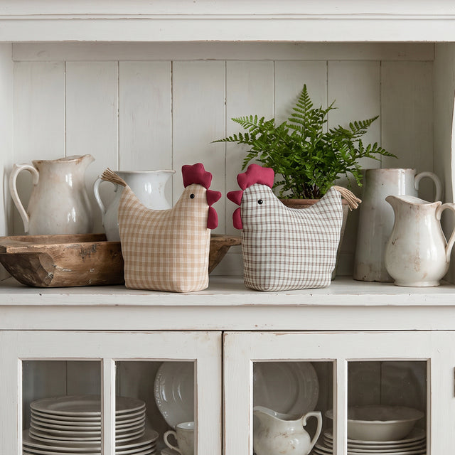 Farm chickens inside kitchen hutch
