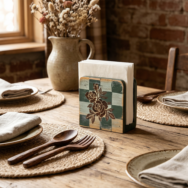 Farmhouse table with wood napkin stand

