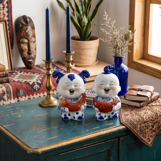 Figurine set on green study desk