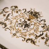 Baroque Ceramic Tray with Antique Gold Handles, Crackle Glaze Decorative Serving Tray with Ornate Floral Medallion Pattern, Vanity Organizer & Console Table Decor