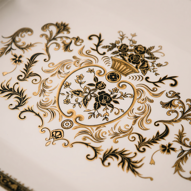 Baroque Ceramic Tray with Antique Gold Handles, Crackle Glaze Decorative Serving Tray with Ornate Floral Medallion Pattern, Vanity Organizer & Console Table Decor