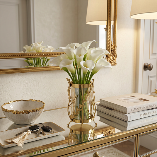 Flower vase on glass console table