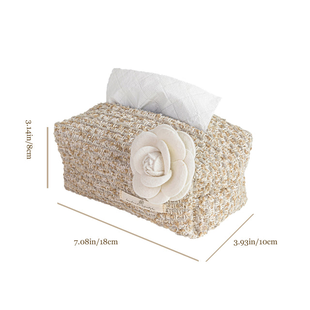 French Luxury Camellia-Adorned Woven Pattern Tabletop Tissue Holder Size Chart 