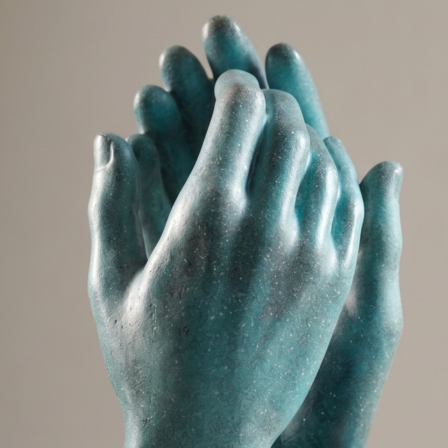 Front shot clasped blue hands art