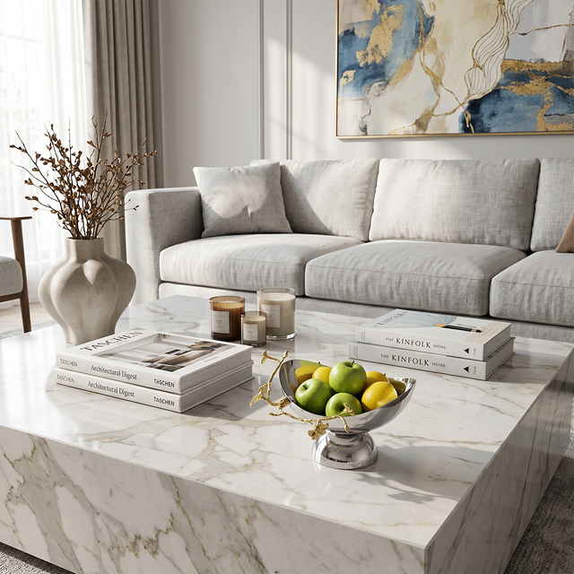 Fruit bowl on marble coffee table
