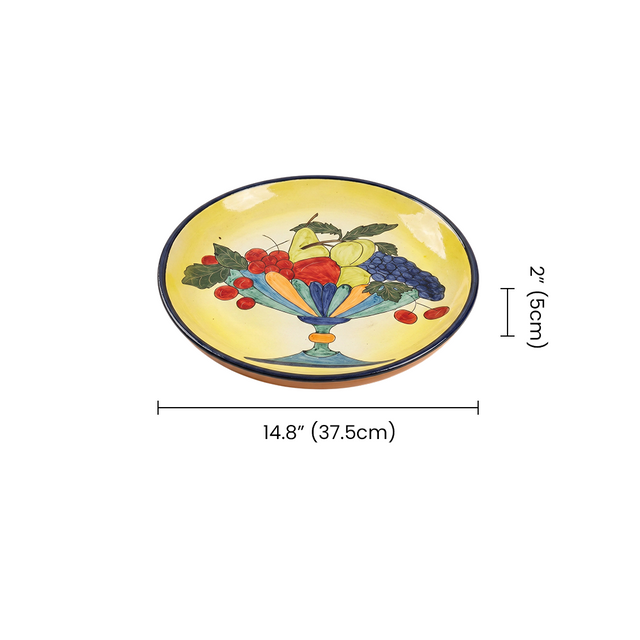 Hand-Painted Ceramic Decorative Plate — Large 14.8" Fruit Compote Scene on Yellow Ground, Terracotta Charger for Wall Décor or Table Display