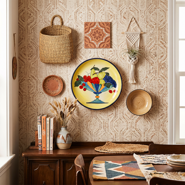 Hand-Painted Ceramic Decorative Plate — Large 14.8" Fruit Compote Scene on Yellow Ground, Terracotta Charger for Wall Décor or Table Display