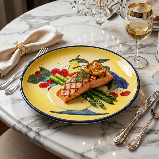 Hand-Painted Ceramic Decorative Plate — Large 14.8" Fruit Compote Scene on Yellow Ground, Terracotta Charger for Wall Décor or Table Display