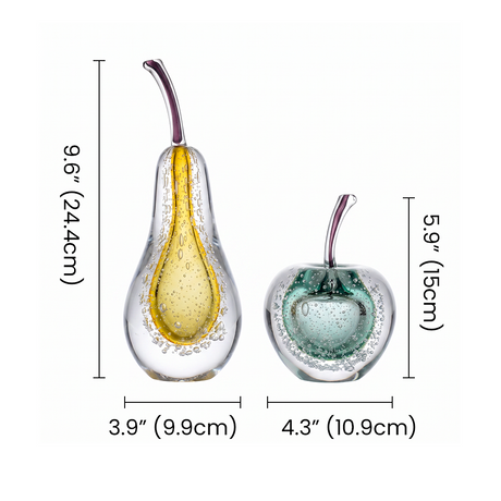 Art Glass Fruit Sculpture – Bubble Crystal Glass Figurine, Pear or Apple, with Color Core & Hand-Pulled Stem