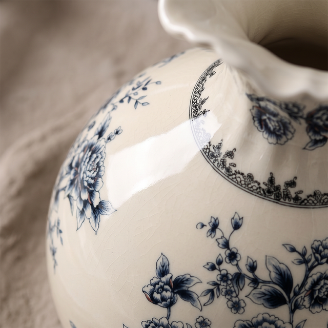 Chinoiserie Blue and White Ceramic Flower Vase, Round Crackle Glaze Vase with Peony Pattern Ruffled Rim