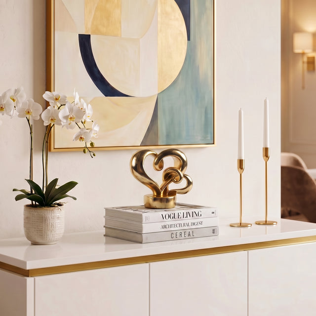 Gold Heart Sculpture On White Console