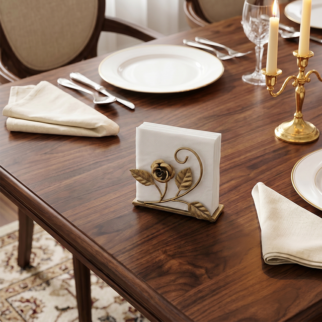 Gold Rose Napkin Holder On Dark Wood Table