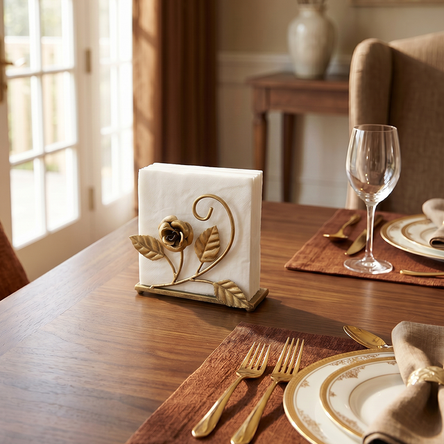 Gold Rose Napkin Holder On Warm Table