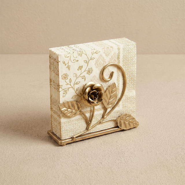 Gold Rose Napkin Holder With Patterned Napkins