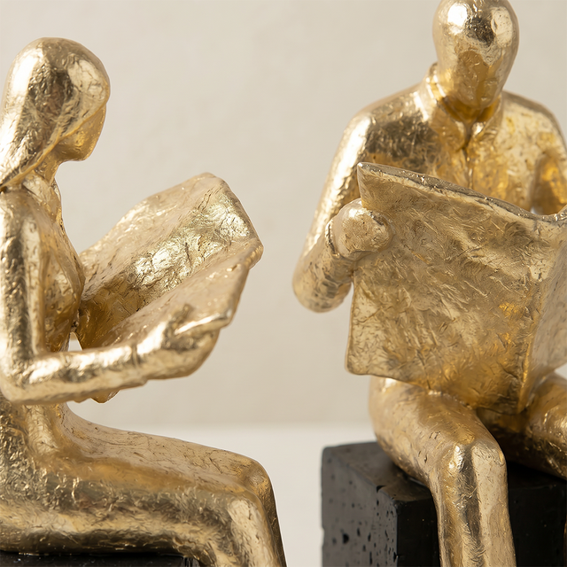 Golden Reader Sculpture – Polyresin Abstract Figurine, Antique Gold Finish & Black Base, Home Office Bookshelf Décor, Reading Nook Accent