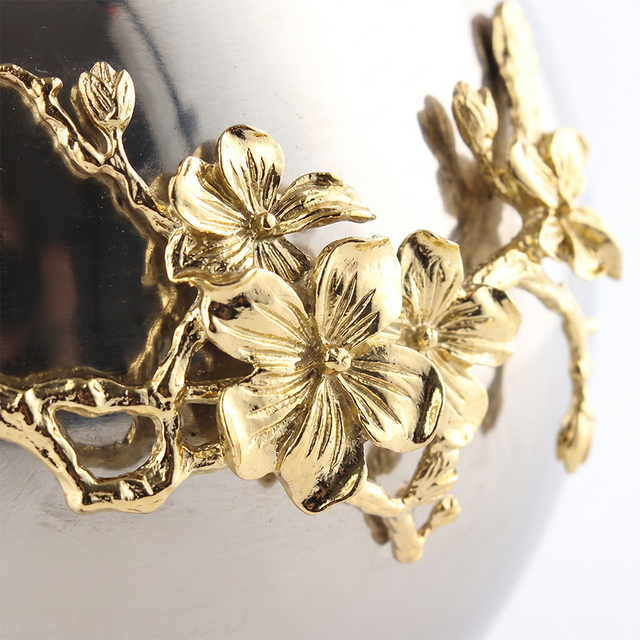 Silver Globe Vase with Gold Floral Accent — Glam Mirror-Polished Metal Sphere Vase