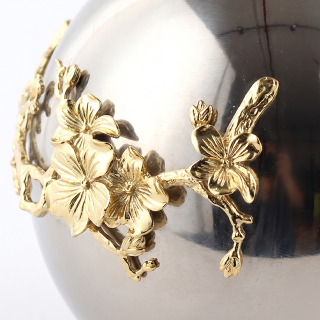 Silver Globe Vase with Gold Floral Accent — Glam Mirror-Polished Metal Sphere Vase