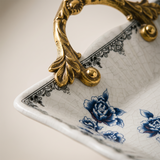 Blue and White Porcelain Serving Tray with Antique Alloy Handles — Crackle Glaze Decorative Tray, Chinoiserie Peony Pattern, Vanity Organizer & Jewelry Tray