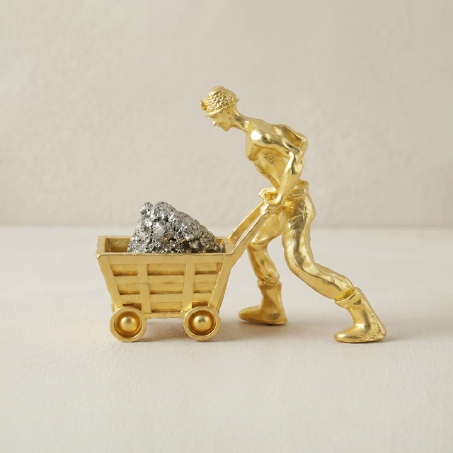 Gold Miner Figurine Desk Sculpture with Raw Pyrite Crystal — One-of-a-Kind Collectible Statue for Home Office, Bookshelf & Mantel | Unique Gift Idea
