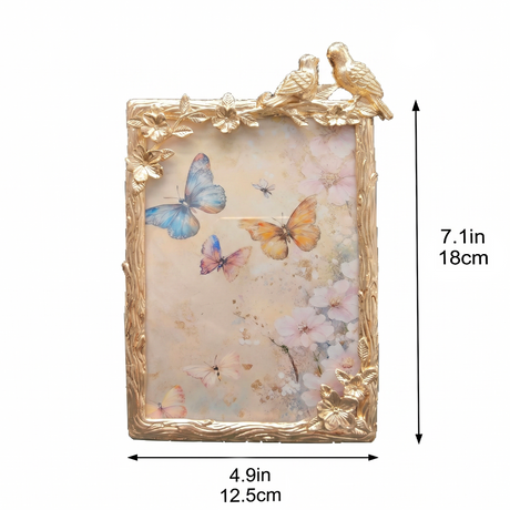 Champagne Gold Metal 4x6 Picture Frame – Ornate Floral & Lovebird Design, Vintage Tabletop Photo Display for Home Decor, Wedding or Gift