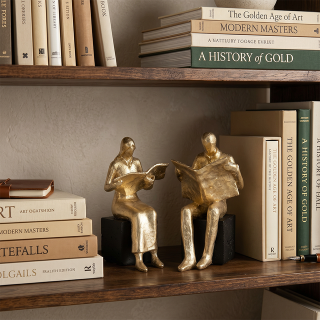 Golden Reader Sculpture – Polyresin Abstract Figurine, Antique Gold Finish & Black Base, Home Office Bookshelf Décor, Reading Nook Accent