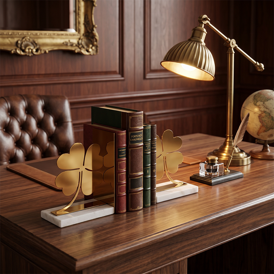Golden bookends on vintage wood desk
