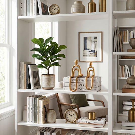 Golden human figurines bookshelf
