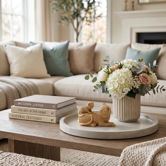 Golden mother kitten statue on living room coffee table