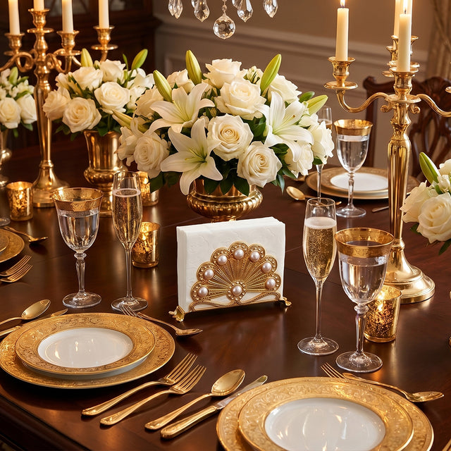 Golden peacock holder on formal dining setup