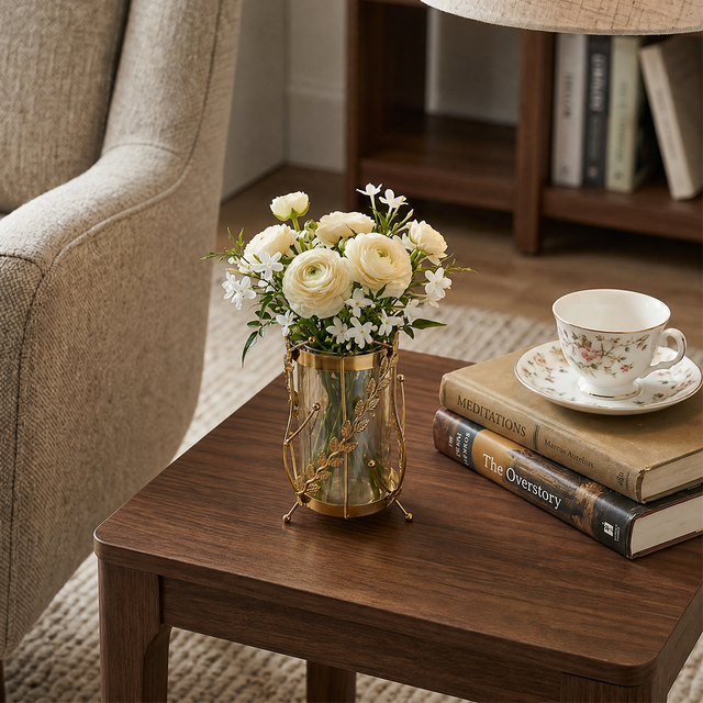 Golden vase on wooden side table
