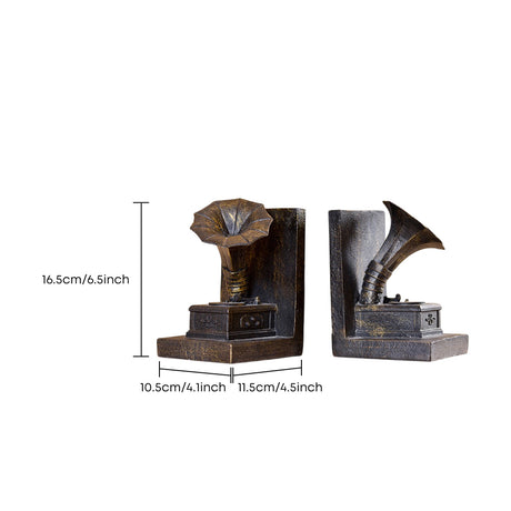 Antique Bronze Gramophone Bookends Set of 2, Vintage Resin Phonograph Sculpture Book Ends, Retro Music Decor for Home Library, Office & Bookshelf
