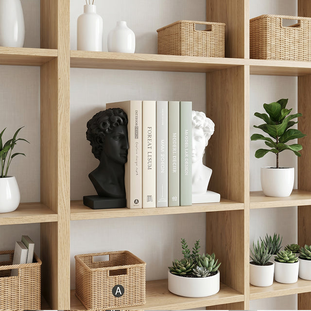 Greekhead bookends inside light oak open bookcase